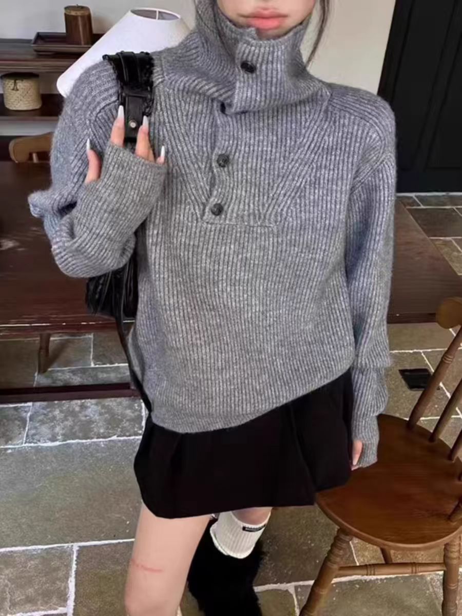 美式高领纽扣套头毛衣女2024秋冬宽松慵懒软糯翻领针织衫上衣加厚