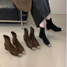 批发秋<b class='q'>冬</b>新款增高法式气质金属方头侧拉链裸靴粗跟绒面瘦瘦靴短靴女靴