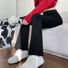 批发5513-11#毛边韩版九分加长微喇叭流苏裤女春秋高腰<b class='q'>打底裤</b>松紧女裤