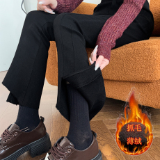 批发8619#黑色开叉微喇叭裤女秋冬薄绒高腰弹力毛边不规则九分<b class='q'>打底裤</b>