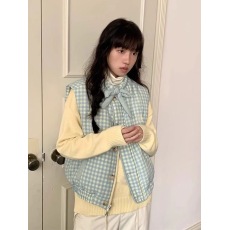 批发日系双面穿设计感格子面包服马甲女2024冬季新款韩版百搭无袖棉服