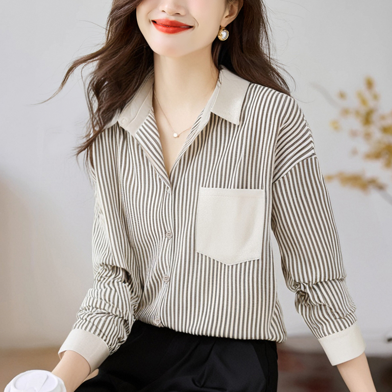 실사 외국 가스 캐주얼 가을 새로운 여성 의류 폴로 칼라 스트라이프 쉬폰 블라우스 맨위 오픈 가디건 셔츠 기본 셔츠 셔츠