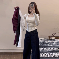 批发秋冬修身短款保暖内搭打底衫女2026新款方领长袖t恤早秋chic上衣