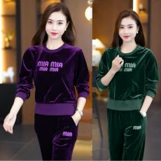 批发<b class='q'>金丝</b>绒运动服套装<b class='q'>女</b>秋季新款高贵洋气圆领刺绣卫衣时尚休闲两件套