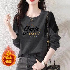 批发德绒插肩袖宽松保暖印花T恤韩版潮流拼接圆领长袖上衣套头打底衫