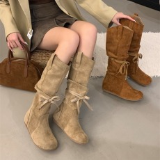 米庭内增高褶皱勃肯长靴女2025秋冬圆头系带西部牛仔靴平底骑士靴