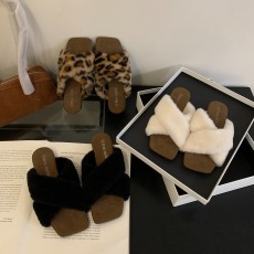 批发2024秋冬新款气质方头交叉带懒人百搭豹纹平底毛毛鞋女棉拖鞋