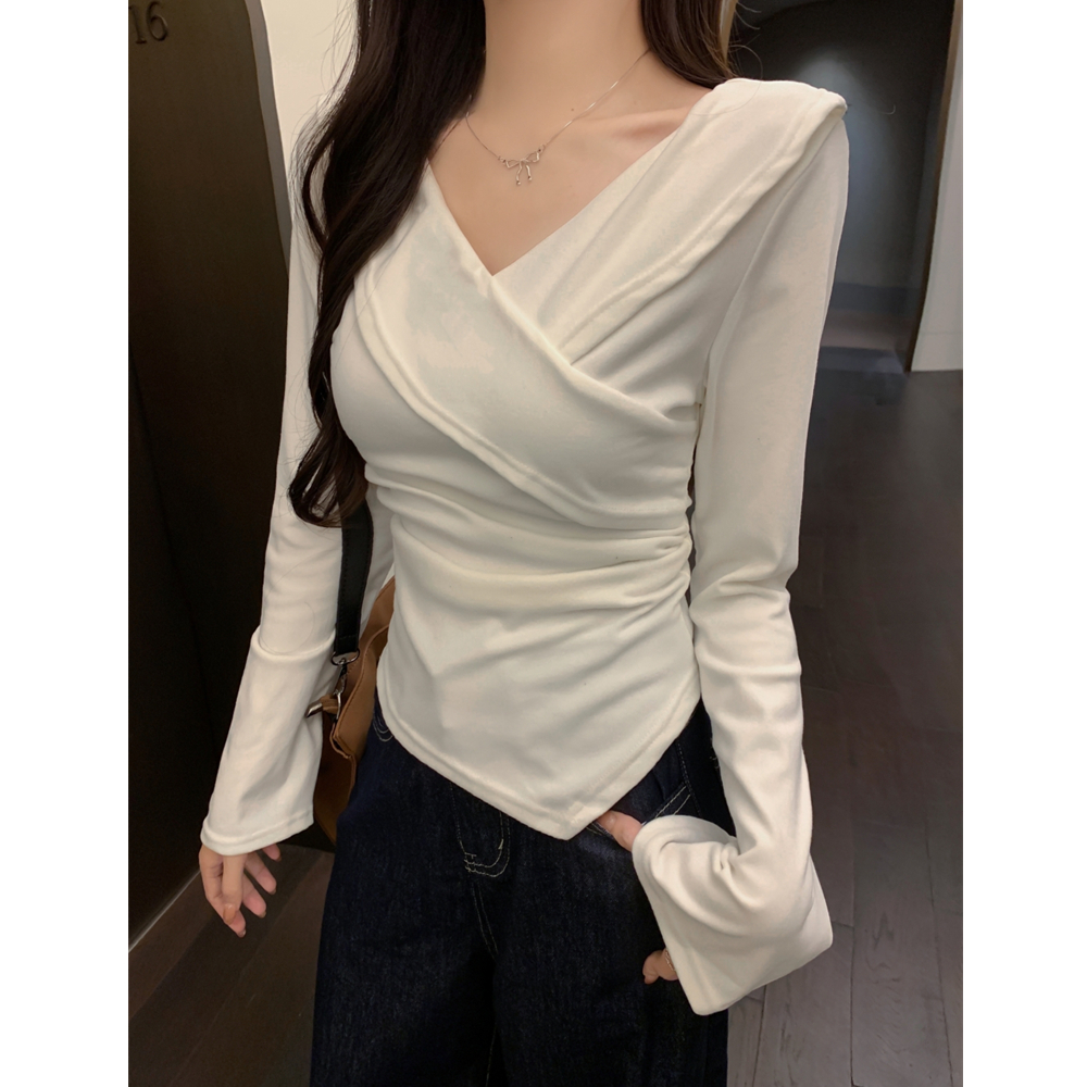 PF26821#螺纹德绒 法式纯欲V领长袖小衫上衣加绒磨毛女裝貨源服裝批發