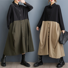 批发实拍春秋新款宽松大码拼色休闲简约印花甜美长袖<b class='q'>衬衫</b><b class='q'>连衣裙</b>