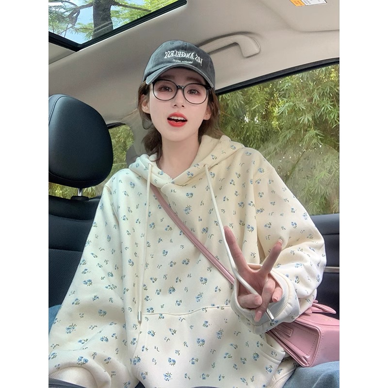 网络图 华棉复合 韩系甜美碎花连帽卫衣女减龄加绒加厚