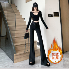 批发设计感黑色微喇裤 高级感花边拼接弹力修身高腰显瘦拖地微喇裤