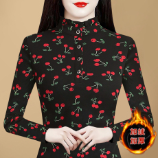 批发实拍2025秋冬新款韩版<b class='q'>大码</b>长袖立领双层网纱印花加绒加厚打底衫女