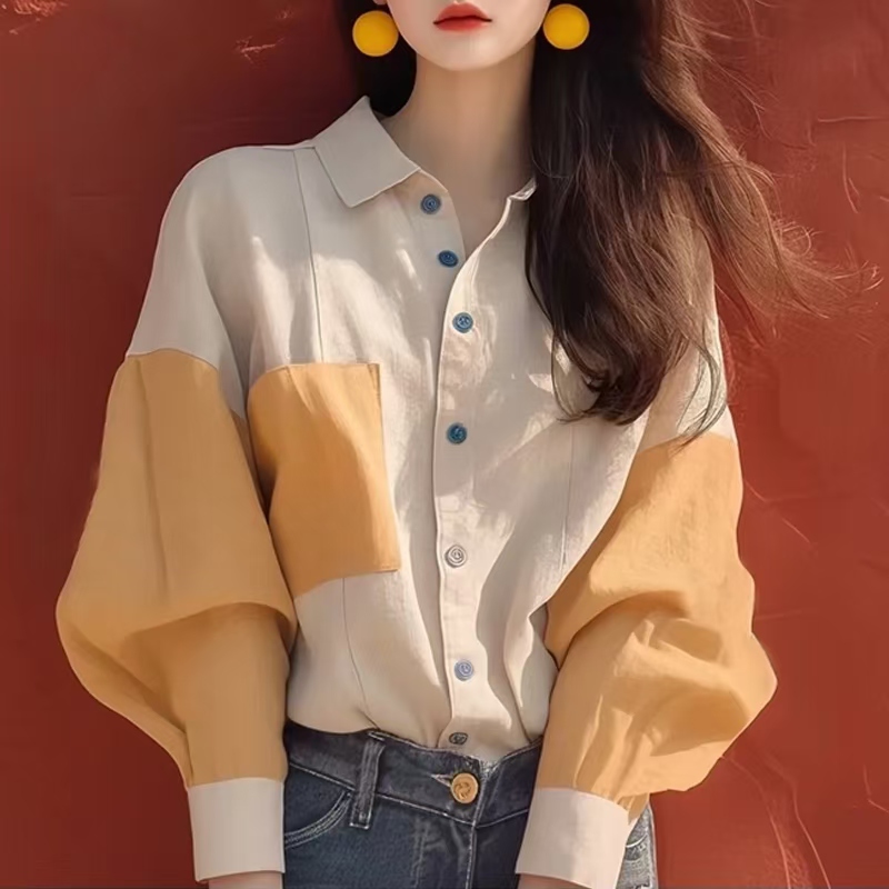 PF26921#新款爆款法式独特小上衣时尚时髦洋气减龄杏色拼接长袖衬衫女女裝貨源服裝批發