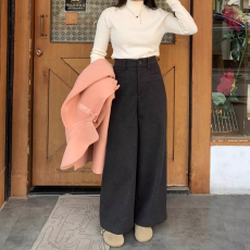 批发高级灰色直筒加厚裤子女高腰显瘦一字袋窄版阔腿裤<b class='q'>休闲</b>裤女小个子