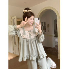 批发实拍实价韩版甜美<b class='q'>全棉</b>格子重工蕾丝方领秋季小清新外穿家居服套