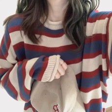 批发秋冬装新款大码女装条纹宽松毛衣外穿设计感小众慵懒风内搭<b class='q'>针织衫</b>
