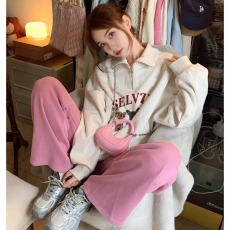 批发250克大卫衣秋冬加绒外套女翻领套头宽松oversize印花半拉链上衣