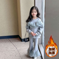 批发女童加绒套装2025冬装新款儿童网纱拼接卫衣女孩<b class='q'>休闲</b>喇叭裤两件套