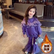 批发女童加绒套装2025新款冬装女孩套装儿童网纱拼接卫衣喇叭裤两件套