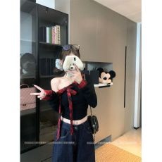 批发格纹拼接鞋架按长袖T恤女秋季新款独特设计感小众修身短款<b class='q'>上衣</b>