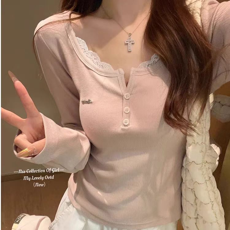 PF26817#韩版蕾丝花边拼接半开领长袖T恤女设计感打底衫上衣标准甜美百搭女裝貨源服裝批發