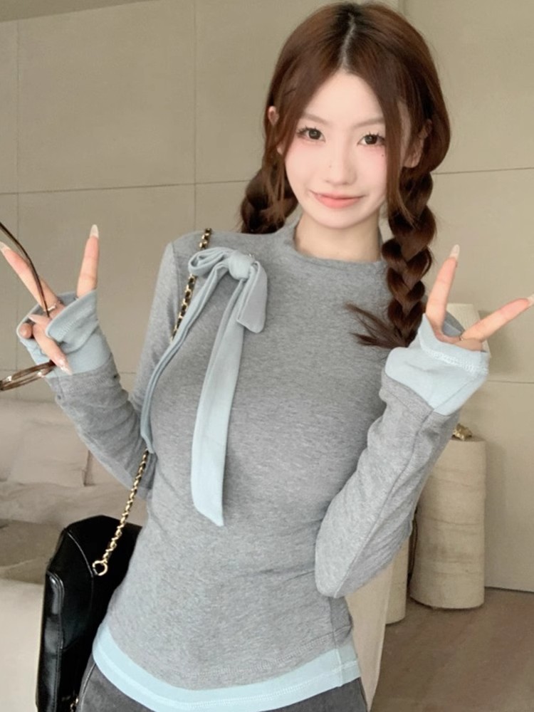 PF26816# 拼接打底衫女新款蝴蝶结设计修身长袖t恤秋冬假两件上衣女裝貨源服裝批發