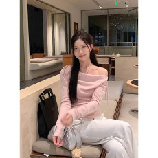 批发蝴蝶结系带修身显瘦长袖T恤女秋季新款气质优雅百搭粉色上衣