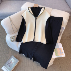 批发实拍2024秋冬<b class='q'>大码</b><b class='q'>女装</b>微胖mm连帽马甲背心外套打底衫阔腿裤三件套