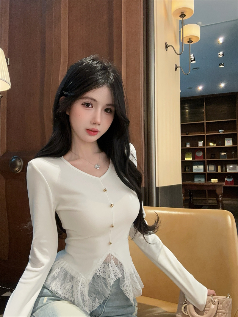 PF26902#新款~小香风不规则蕾丝拼接花边纯棉T恤上衣女女裝貨源服裝批發