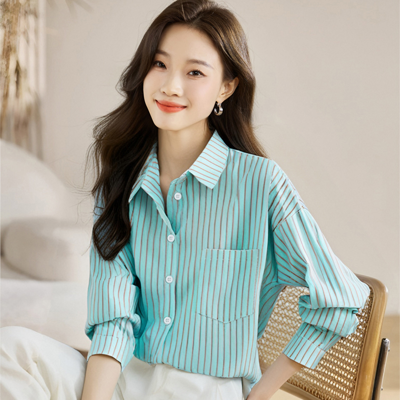 실사 외국 가스 캐주얼 가을 새로운 여성 의류 폴로 칼라 스트라이프 쉬폰 블라우스 맨위 오픈 가디건 셔츠 기본 셔츠 셔츠