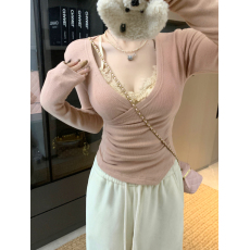 批发实拍 实价 纯欲V领长袖T恤气质<b class='q'>修身</b>收腰短款显瘦上衣内搭蕾丝套装