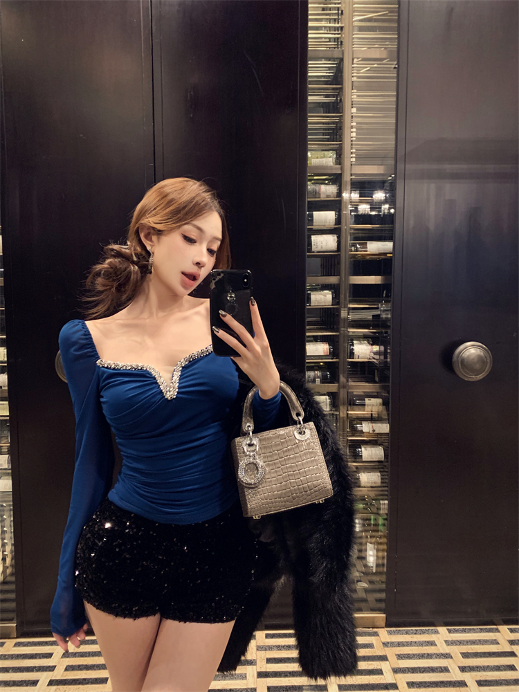 MY13817# 女裝貨源性感打底衫秋冬内搭小心机V领钻弹力上衣女裝貨源服...
