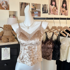 批发实拍大码秋冬丝绒蕾丝美背免<b class='q'>文胸</b>内衣后背交叉内搭吊带打底衫背心