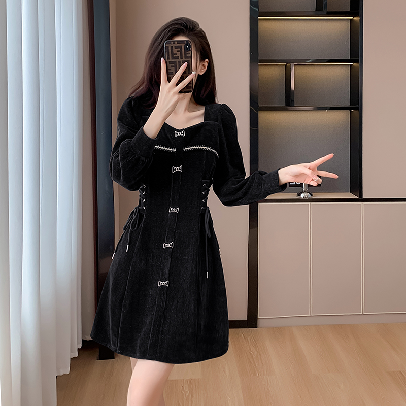 실사 가을 겨울 패션 광장 칼라 몸매 가꾸기 광택 실 레이스업 품격 달콤함 셰닐 드레스 복장