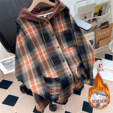 批发实拍原布格子复真超加绒后包领抖音质量新款连帽<b class='q'>衬衫</b>女中长款外套