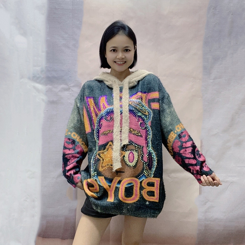 PF28721#欧货大码水貂绒时尚连帽毛衣女秋冬宽松显瘦印花烫钻针织打底上衣女裝貨源服裝批發