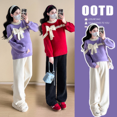 批发实拍秋冬新款绵羊绒甜美蝴蝶结独特设计宽松<b class='q'>孕妇</b><b class='q'>套装</b><b class='q'>韩版</b>时尚毛衣