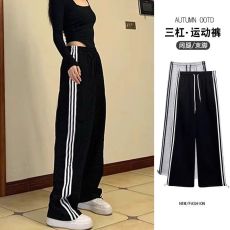 外贸白灰色条纹卫裤女春夏季新款小个子阔腿直筒裤休闲宽松运动裤