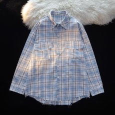 批发日系复古格子长袖衬衫男春秋季vintage宽松休闲情侣外穿毛边衬衣