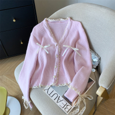 批发实拍 蕾丝边v领蝴蝶结毛衣开衫外套女慵懒风显瘦针织上衣打底内搭