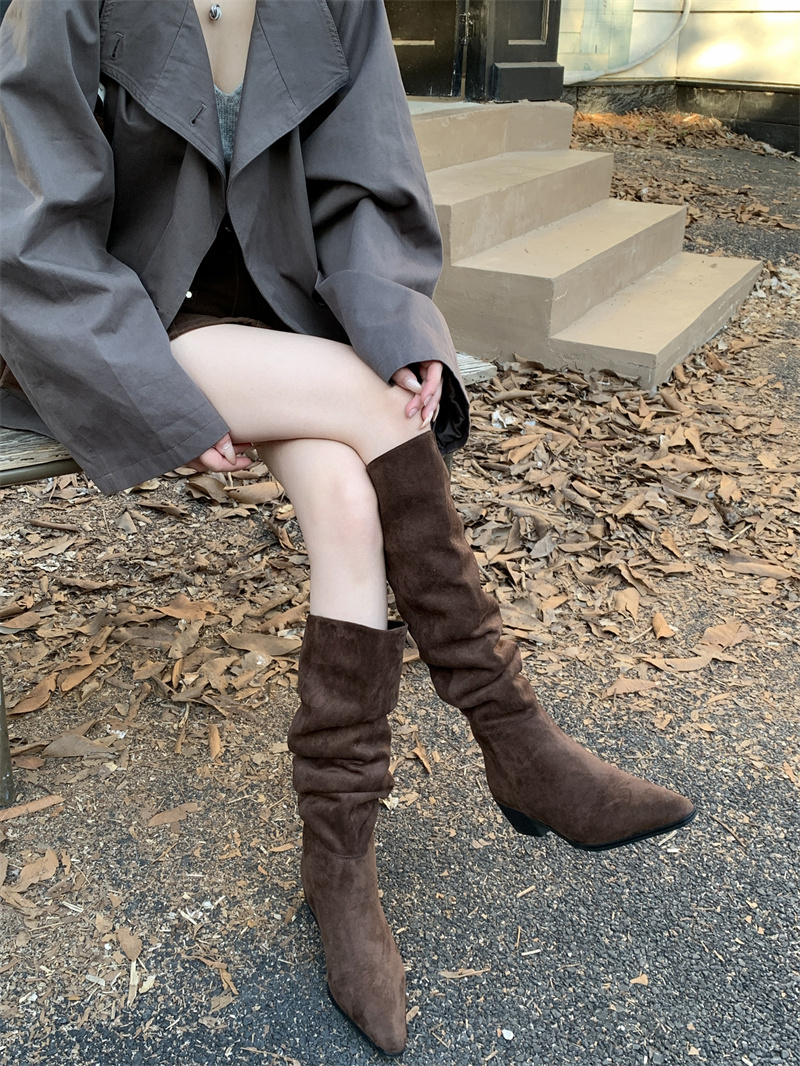 粗跟尖头绒面堆堆中筒骑士靴女鞋2024秋冬季加绒长筒瘦瘦靴长靴子