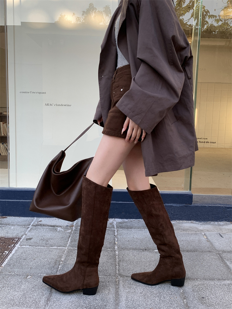 粗跟尖头绒面堆堆中筒骑士靴女鞋2024秋冬季加绒长筒瘦瘦靴长靴子