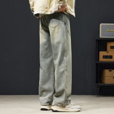 批发实拍2024秋冬新款潮牌复古牛仔裤男宽松直筒百搭拼接怀旧长裤子