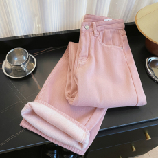 批发实拍韩版加厚粉色复合<b class='q'>婴儿</b>绒高腰直筒宽松显瘦阔腿休闲牛仔长裤女