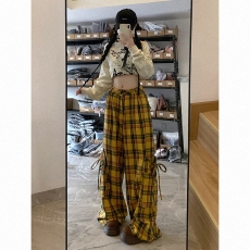 批发实拍韩国chic工装裤女春季新款彩色格子宽松显瘦高腰<b class='q'>街舞</b>阔腿裤