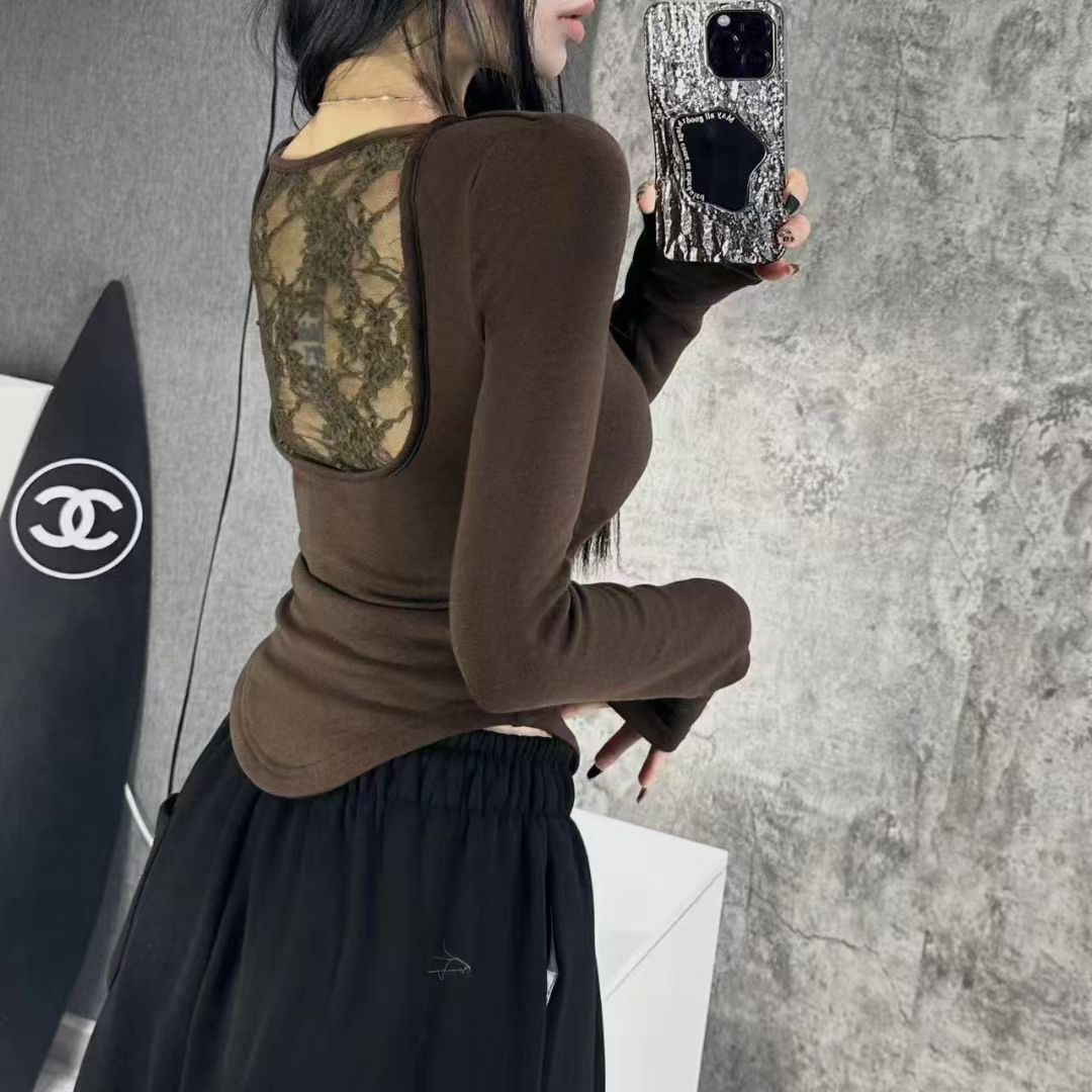 PF26986# 性感后背镂空蕾丝拼接U领长袖T恤女法式纯欲修身显瘦辣妹绝美上衣女裝貨源服裝批發