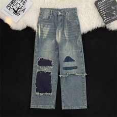 批发长裤日常青少年美式高街复古拼接破洞牛仔裤男潮无弹中腰新款潮流