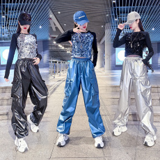 批发2025春秋<b class='q'>街舞</b>潮牌爵士舞短款女欧美嘻哈跳舞亮片演出服打歌服套装