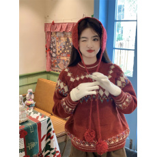 批发实拍~新款韩系<b class='q'>甜美</b>减龄撞色提花刺绣宽松针织加厚毛衣