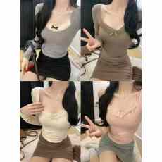 批发纯欲蕾丝拼接修身长袖打底小衫女外穿春夏高级灰v领洋气内搭上衣